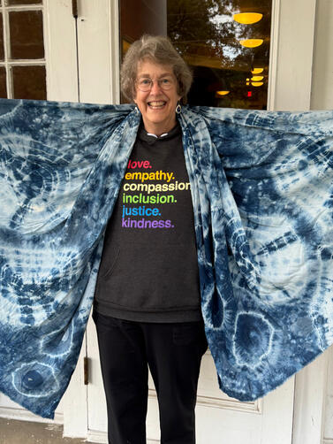 Mary Photo of customer with indigo dyed shawl | Giving herself wings
