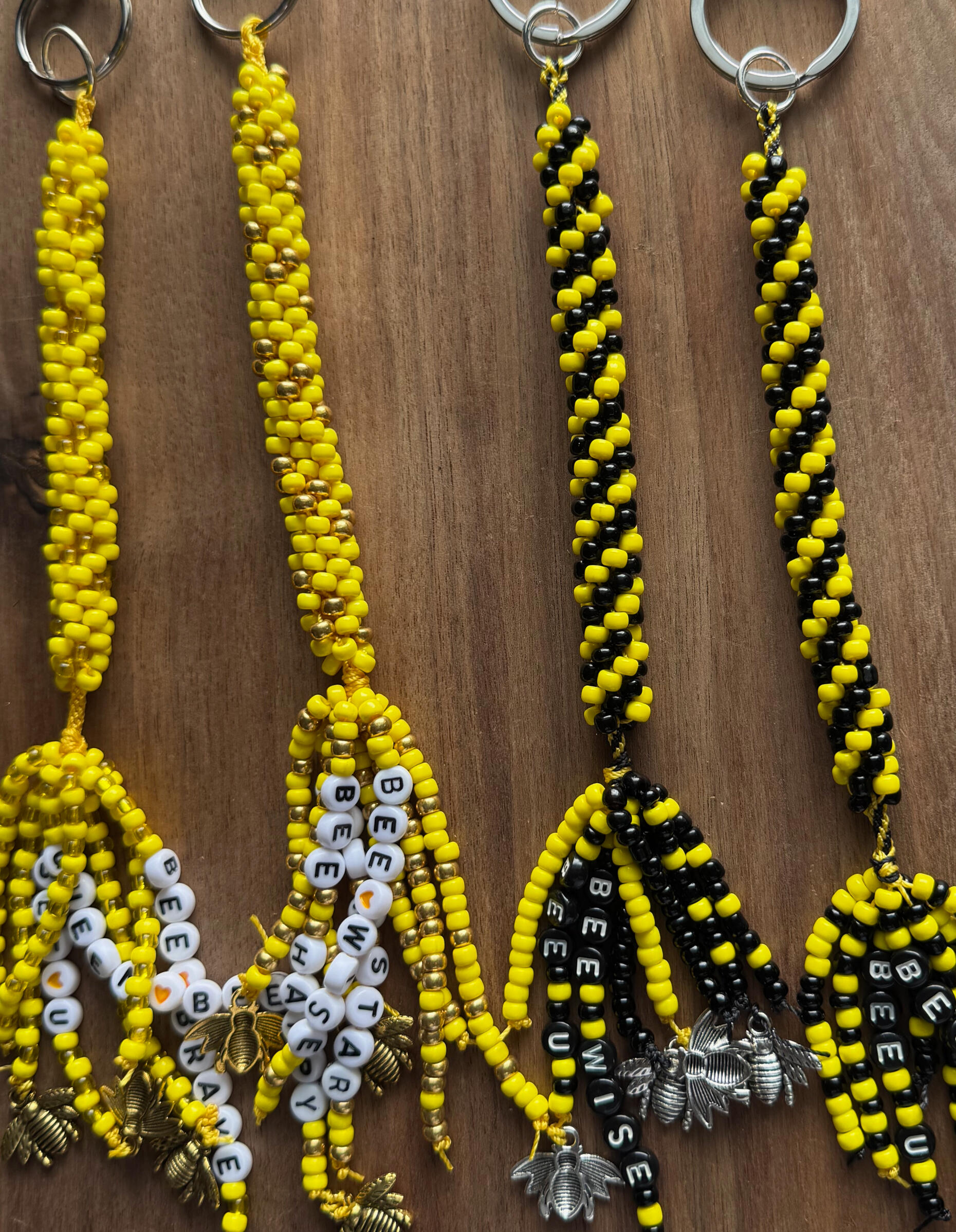 Beaded Keychains | Bee Series Photo of 4 beaded keychains in the Bee Series | Tribute to our Beekeeper, Chana